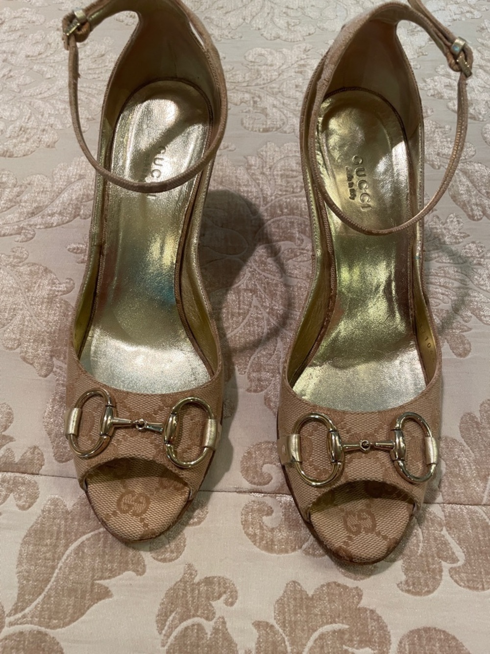 Gucci Beige Canvas Horsebit Peep-Toe Ankle-Strap Heels